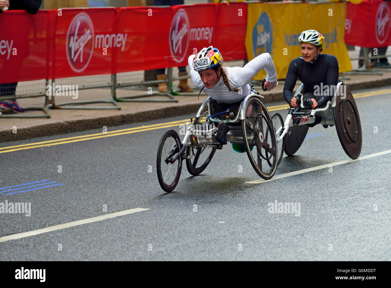 Tatyana McFadden, wheelchair competitor, 2016 Virgin Money London Marathon, London, United Kingdom Stock Photo