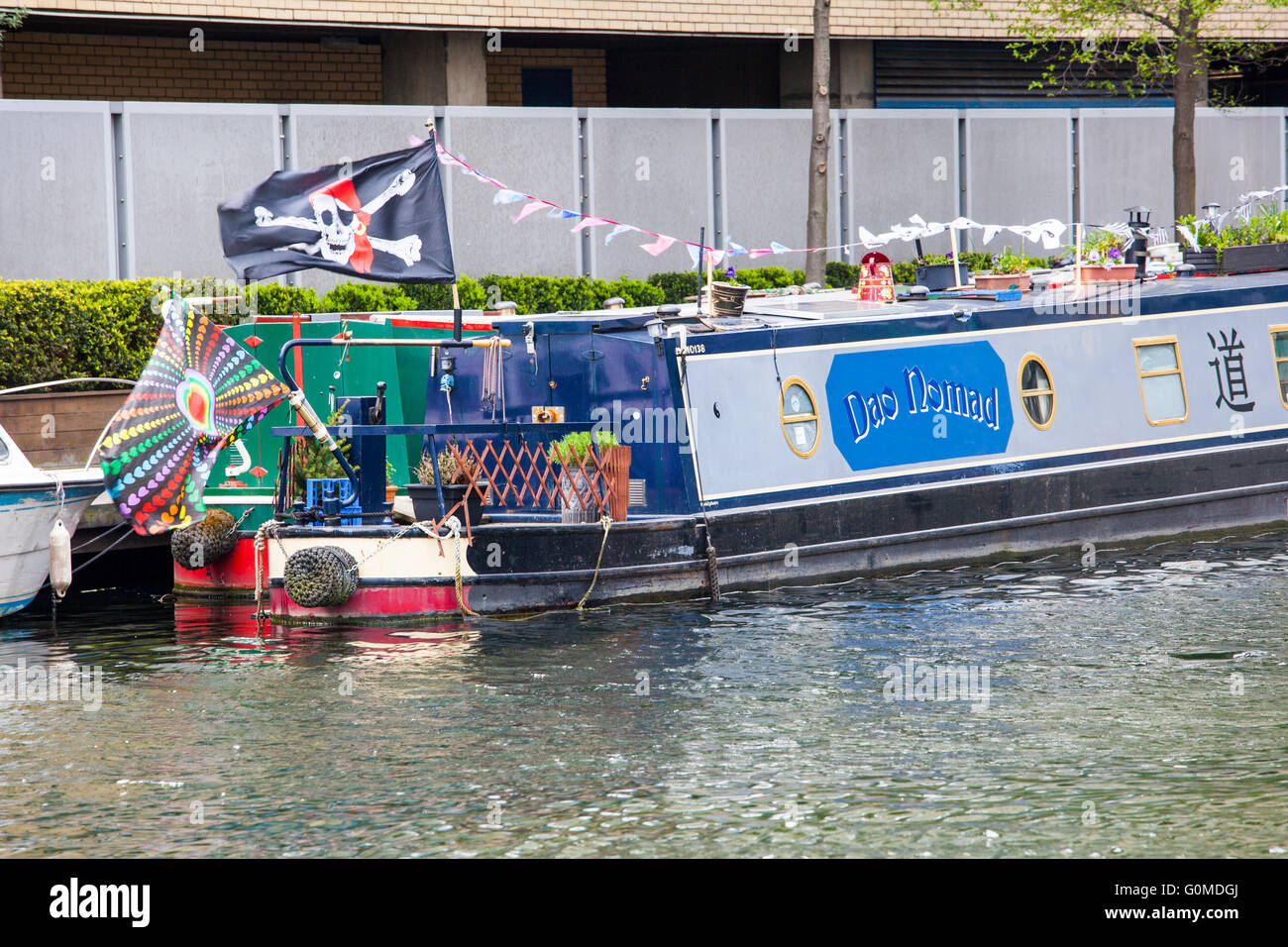 Narrowboat with Pirate flag Stock Photo
