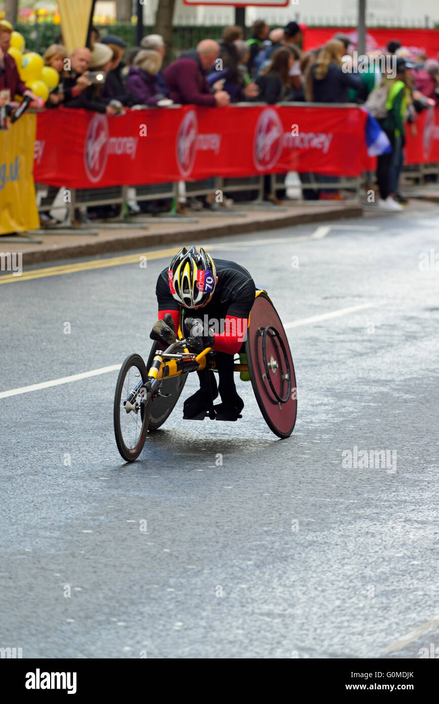 Wheelchair competitor, 2016 Virgin Money London Marathon, London, United Kingdom Stock Photo
