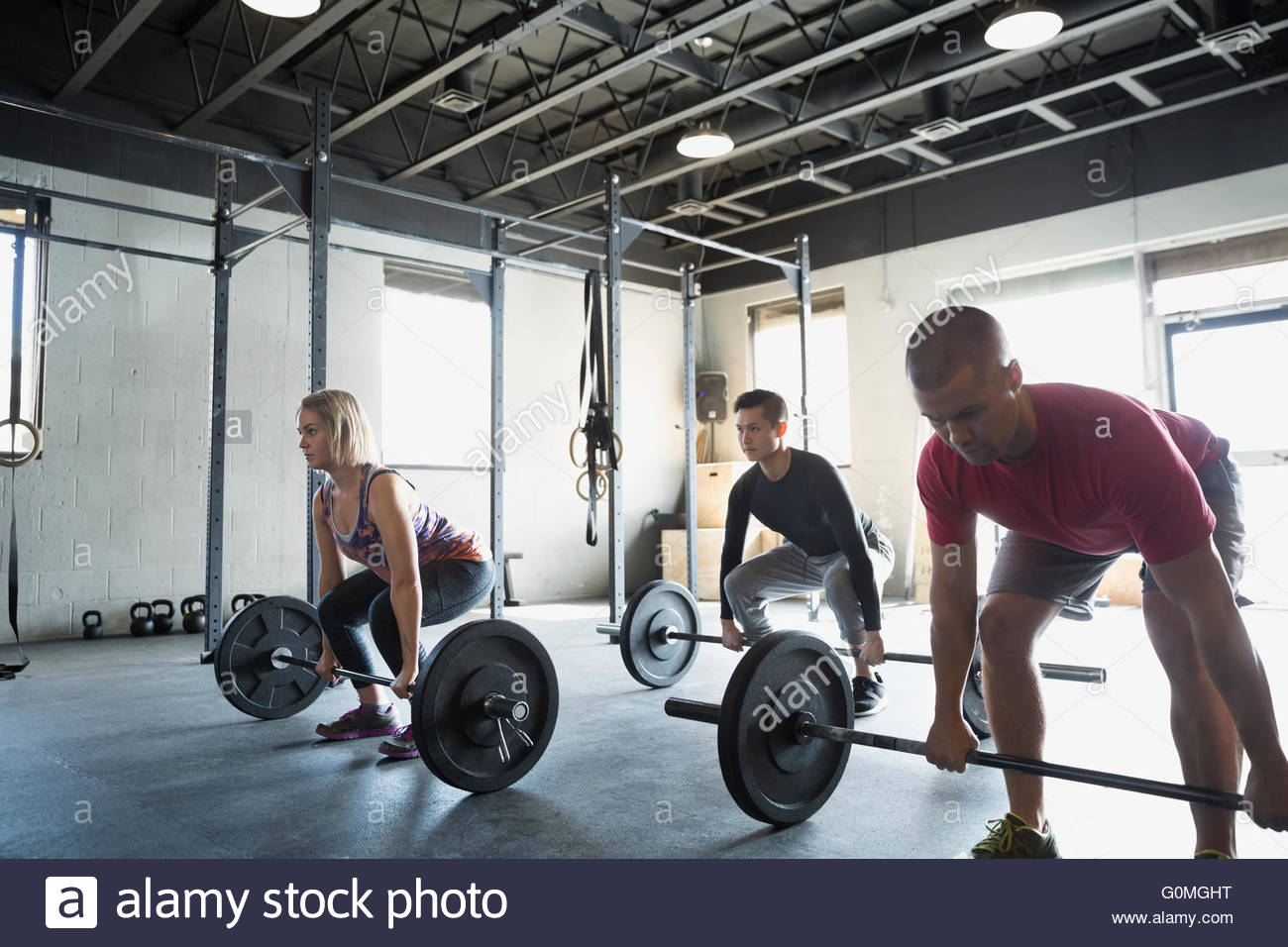 Exercise class squatting with barbells at gym Stock Photo Alamy