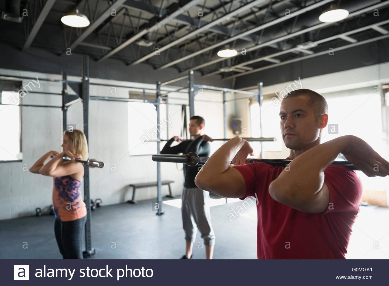 Exercise class using barbells Stock Photo Alamy