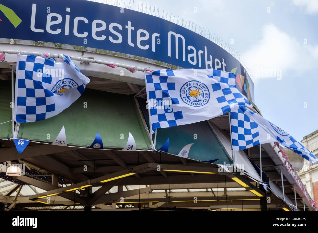 Leicester market flying the flags of Leicester city football club, winners of the Barclays Premier League 2016 Stock Photo