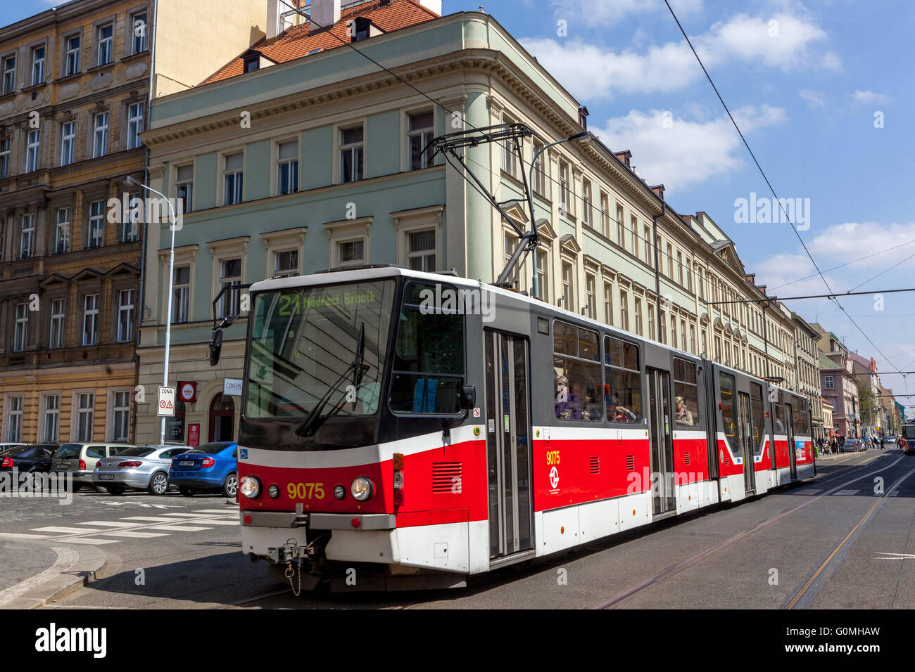 Prague streetcar on Sokolovska street, Karlin Prague tram Czech Republic Stock Photo