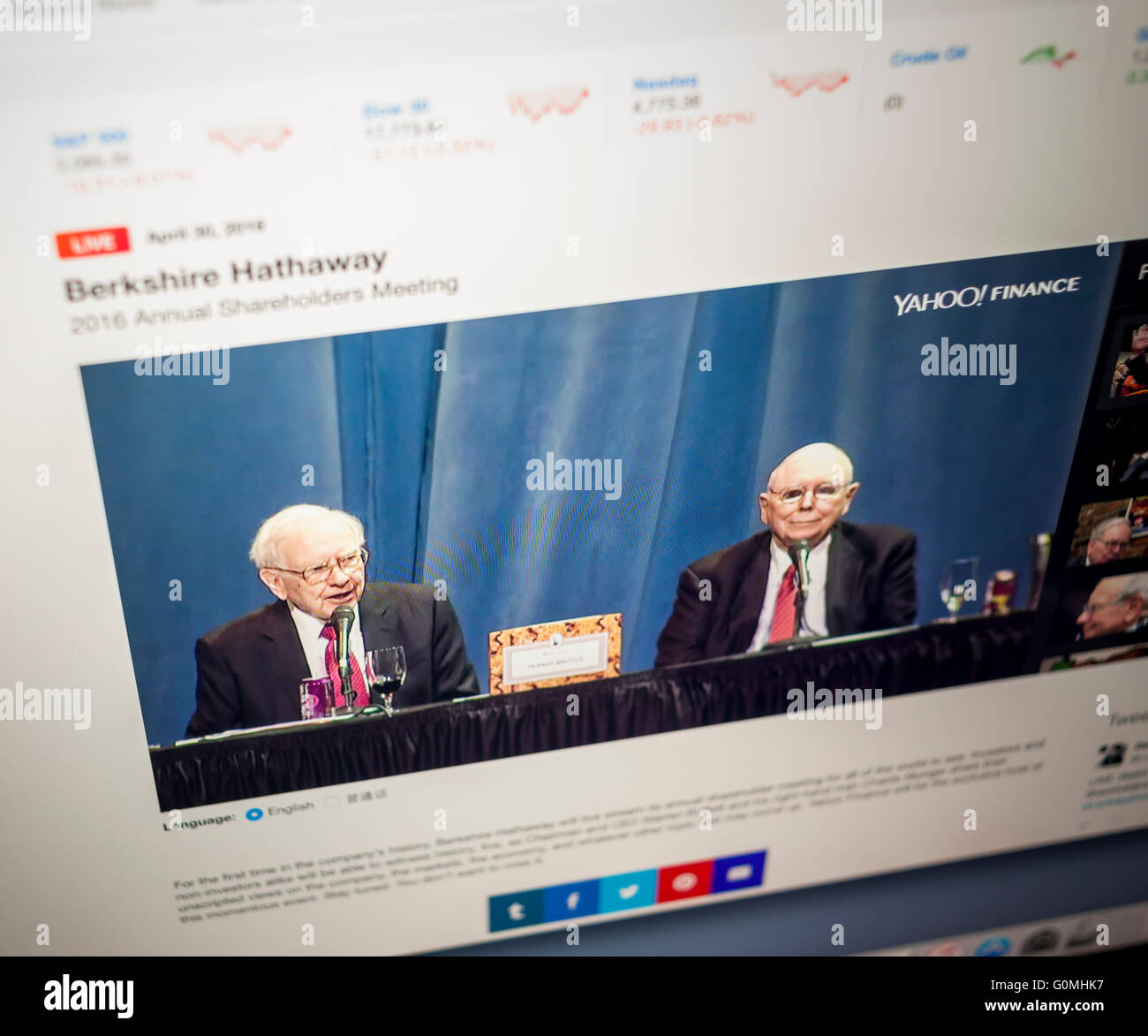 For the first time the annual shareholder meeting of Berkshire Hathaway, from Omaha, Nebraska, is being live streamed on Yahoo! Finance on Saturday, April 30, 2016. Warren Buffett, left, the Oracle of Omaha,  and his right-hand man Charlie Munger, right, answer questions at the meeting.  (© Richard B. Levine) Stock Photo