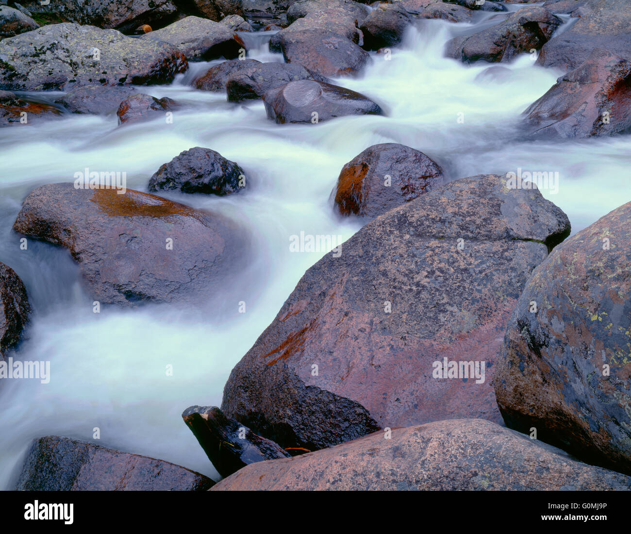 USA, Colorado, Rocky Mountain National Park, Spring runoff fills the Big Thompson River. Stock Photo