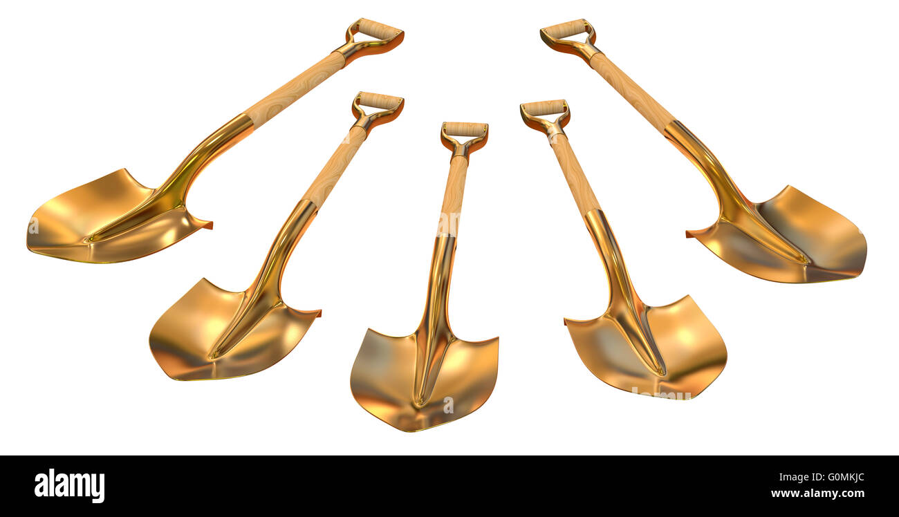 Golden shovel set foreshortening 3d illustration Stock Photo Alamy