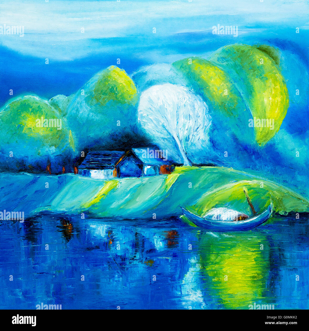 Original oil painting showing lake,boat and house landscape  on canvas. Modern Impressionism, modernism,marinism Stock Photo