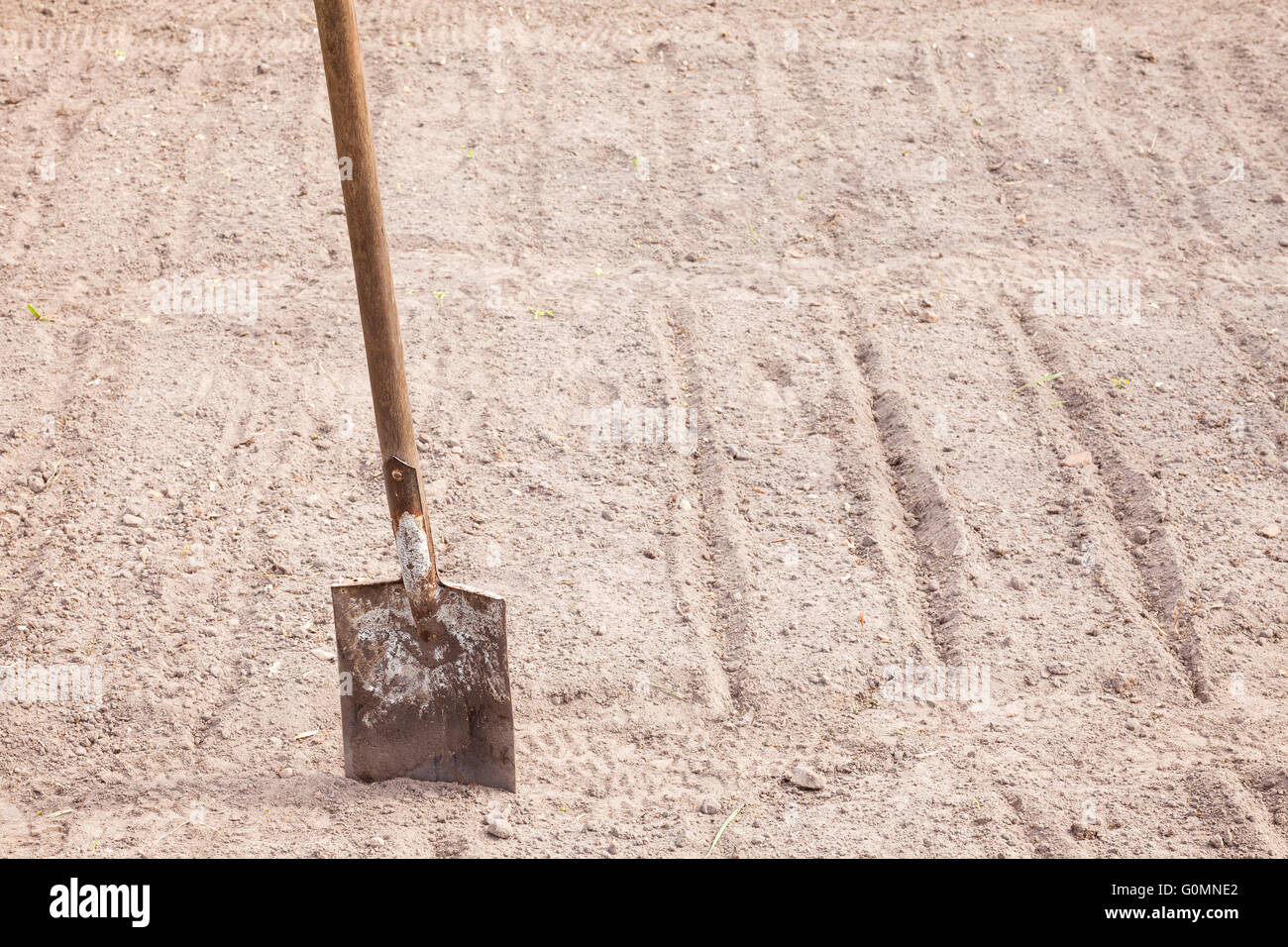 Old rusty shovel stuck into ground, shallow depth of field, space for text. Stock Photo