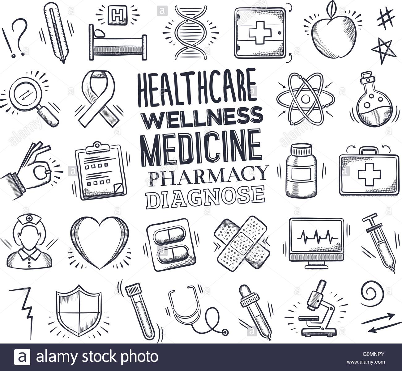 Health Care And Medicine Icon Set With Typography Vector Doodle