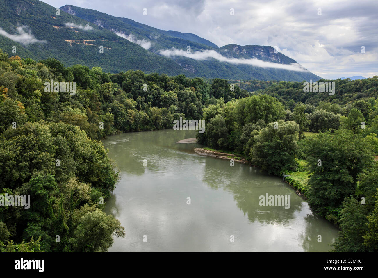 River Isère and the Vercors Massif near Vinay, Isère, France Stock Photo