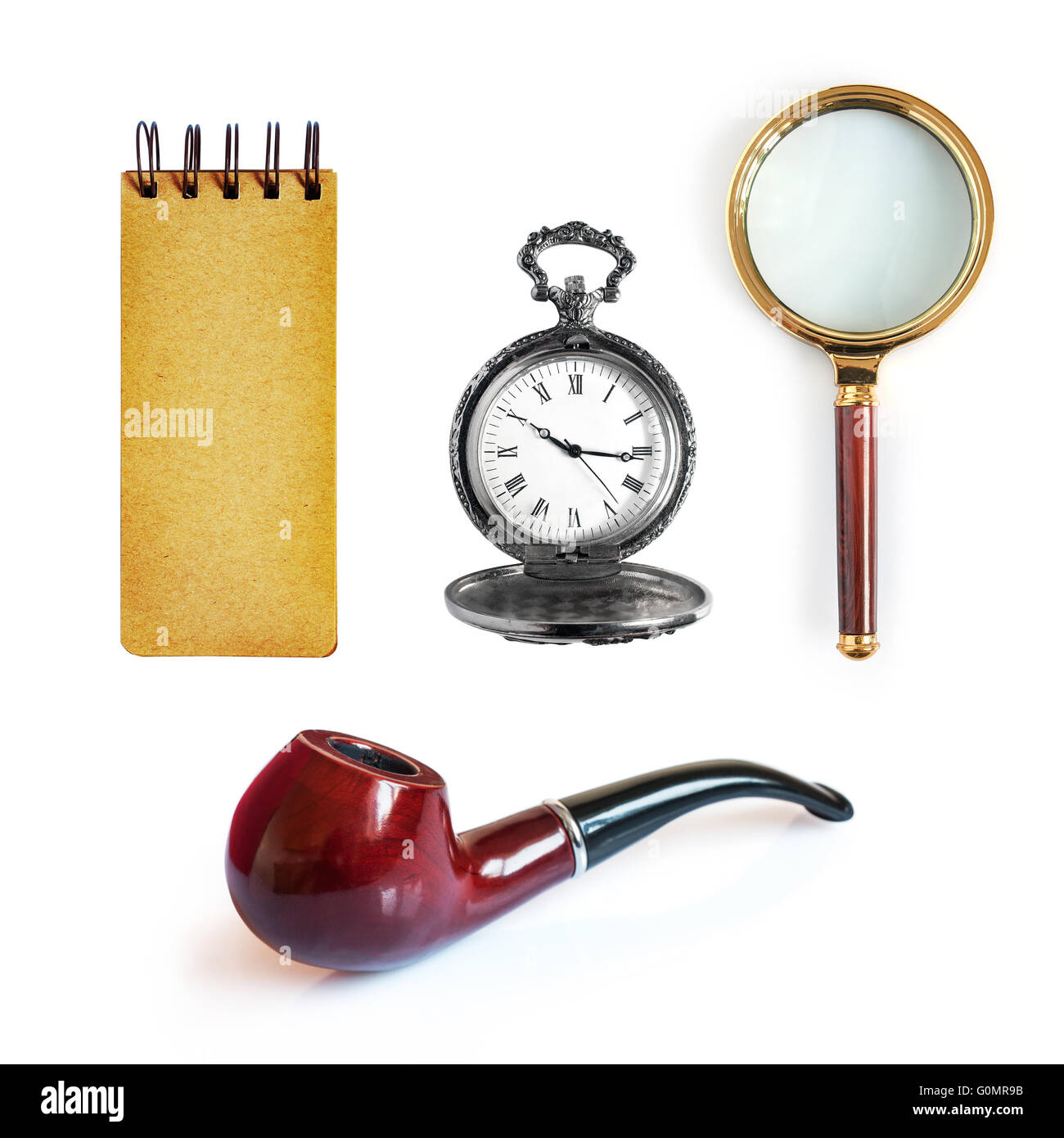 Collection of detective tools a magnifying glass , pipe , pocket watch