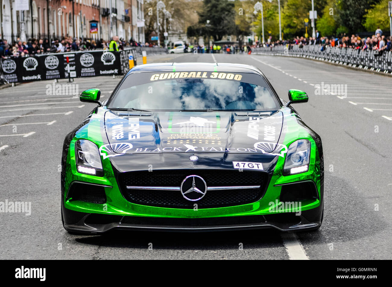 DUBLIN, IRELAND. MAY 01 2016 - A Mercedes SLS from Team Black Falcon arrives for the start of the Gumball 3000 6 day drive to Bucharest. Stock Photo