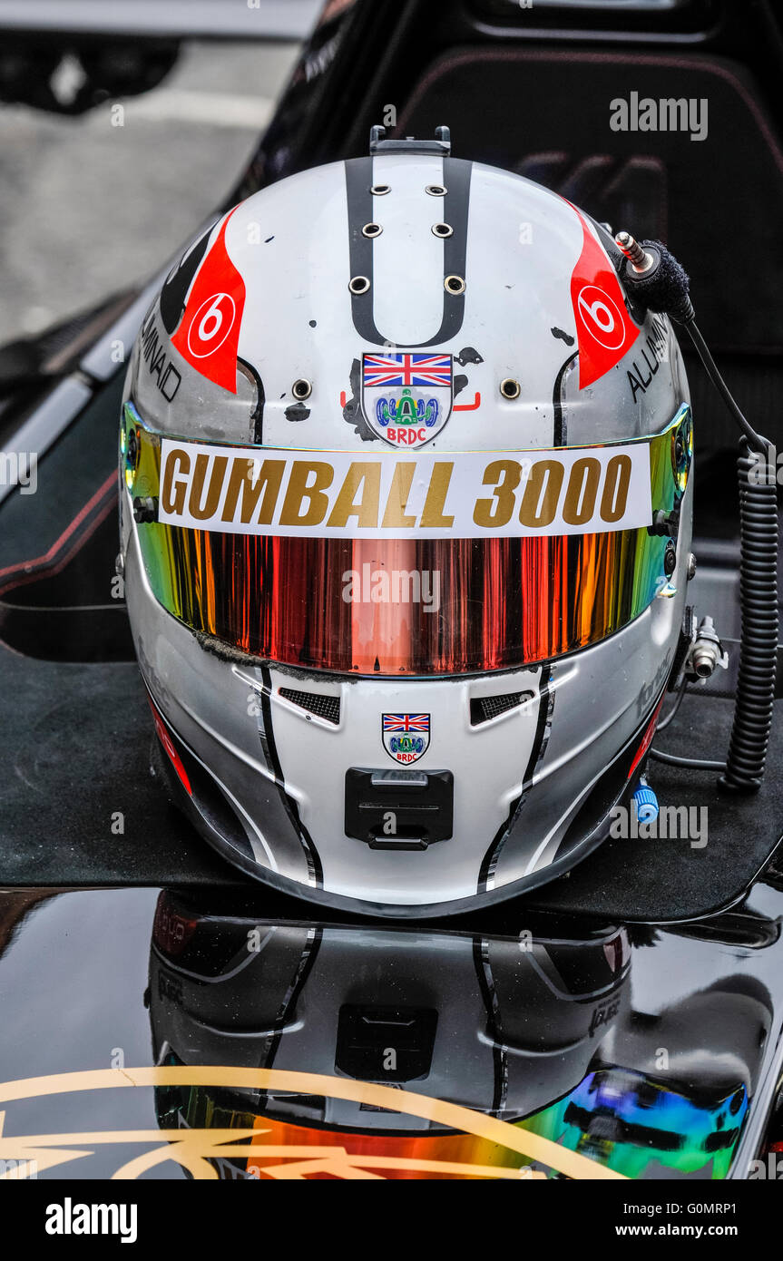 DUBLIN, IRELAND. MAY 01 2016 - A Gumball 3000 helmet sits on a car at the start of the 2016 race to Bucharest Stock Photo
