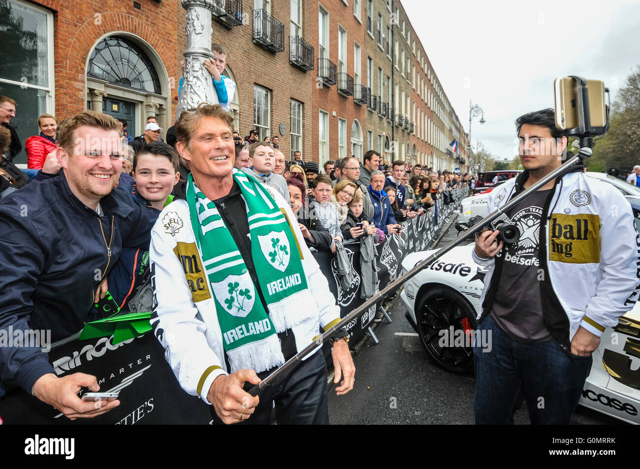DUBLIN, IRELAND. MAY 01 2016 - David Hasselhoff takes selfies with fans as he arrives for the start of the Gumball 3000, on a 6 day drive to Bucharest. Stock Photo