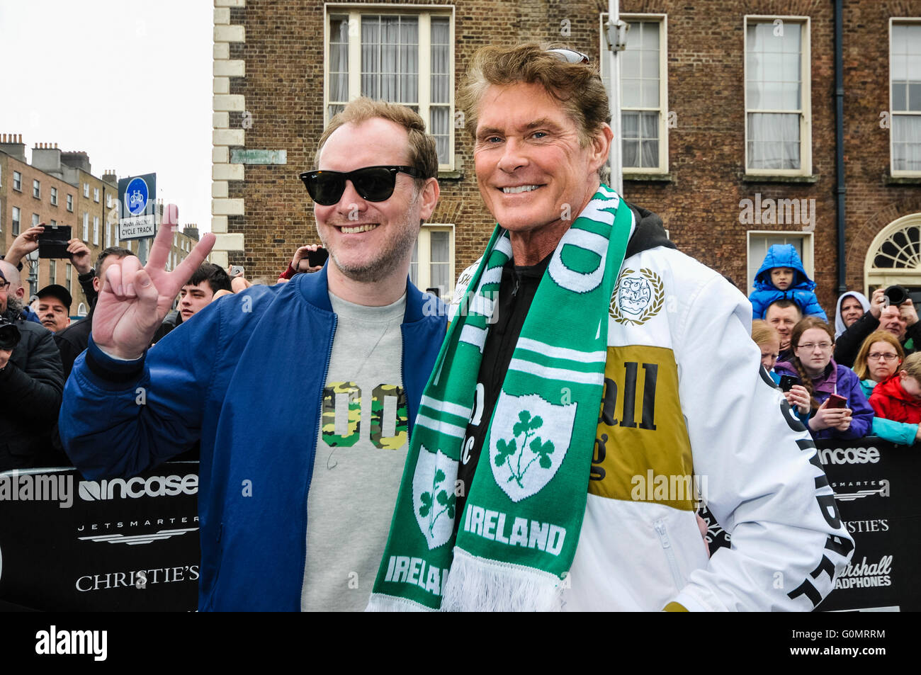DUBLIN, IRELAND. MAY 01 2016 - David Hasselhoff and Maximillion Cooper arrive for the start of the Gumball 3000, on a 6 day drive to Bucharest. Stock Photo