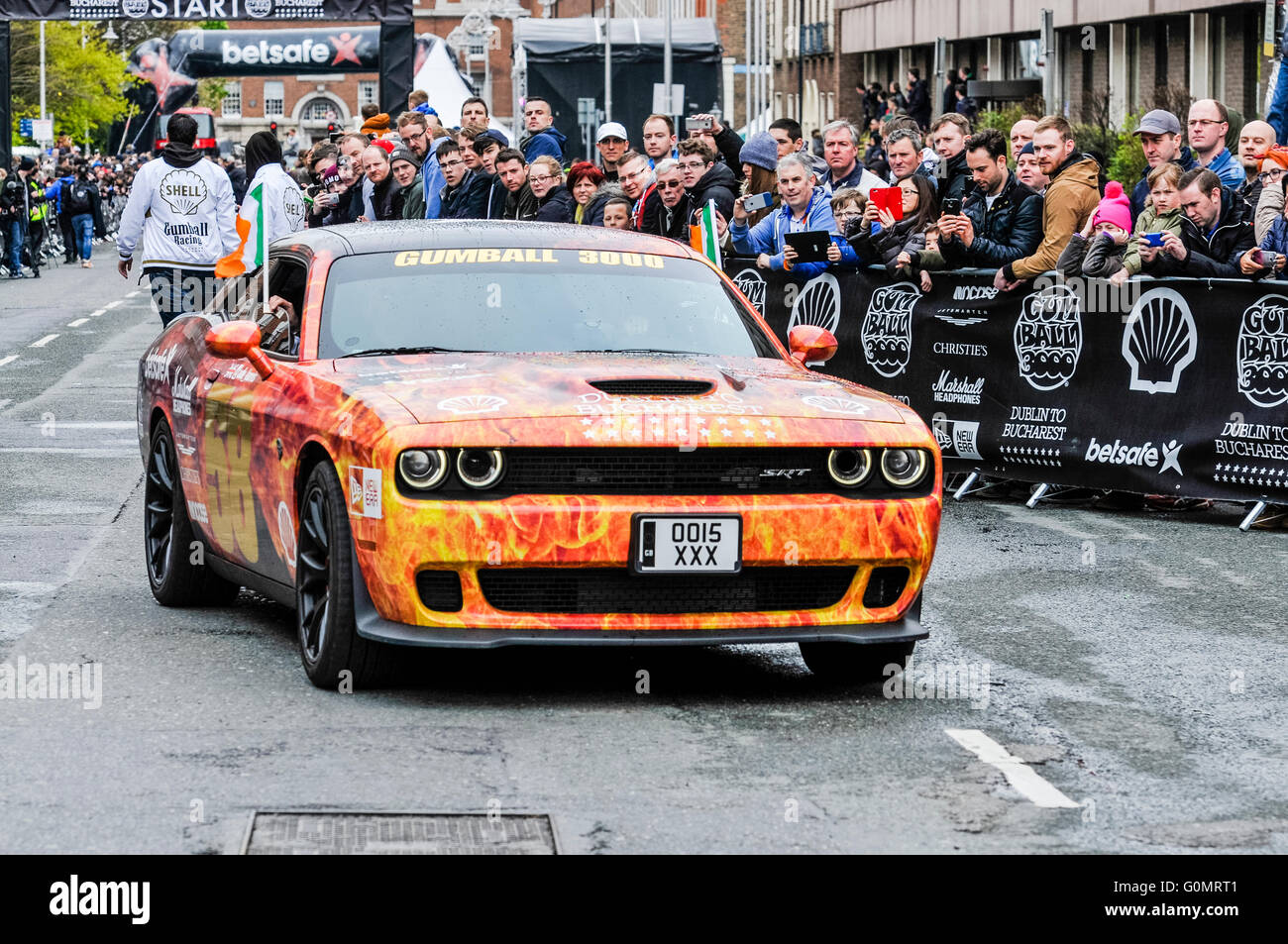 DUBLIN, IRELAND. MAY 01 2016 - A Dodge Charger starts off on a 6 day drive to Bucharest from Dublin as part of the Gumball 3000 rally. Stock Photo