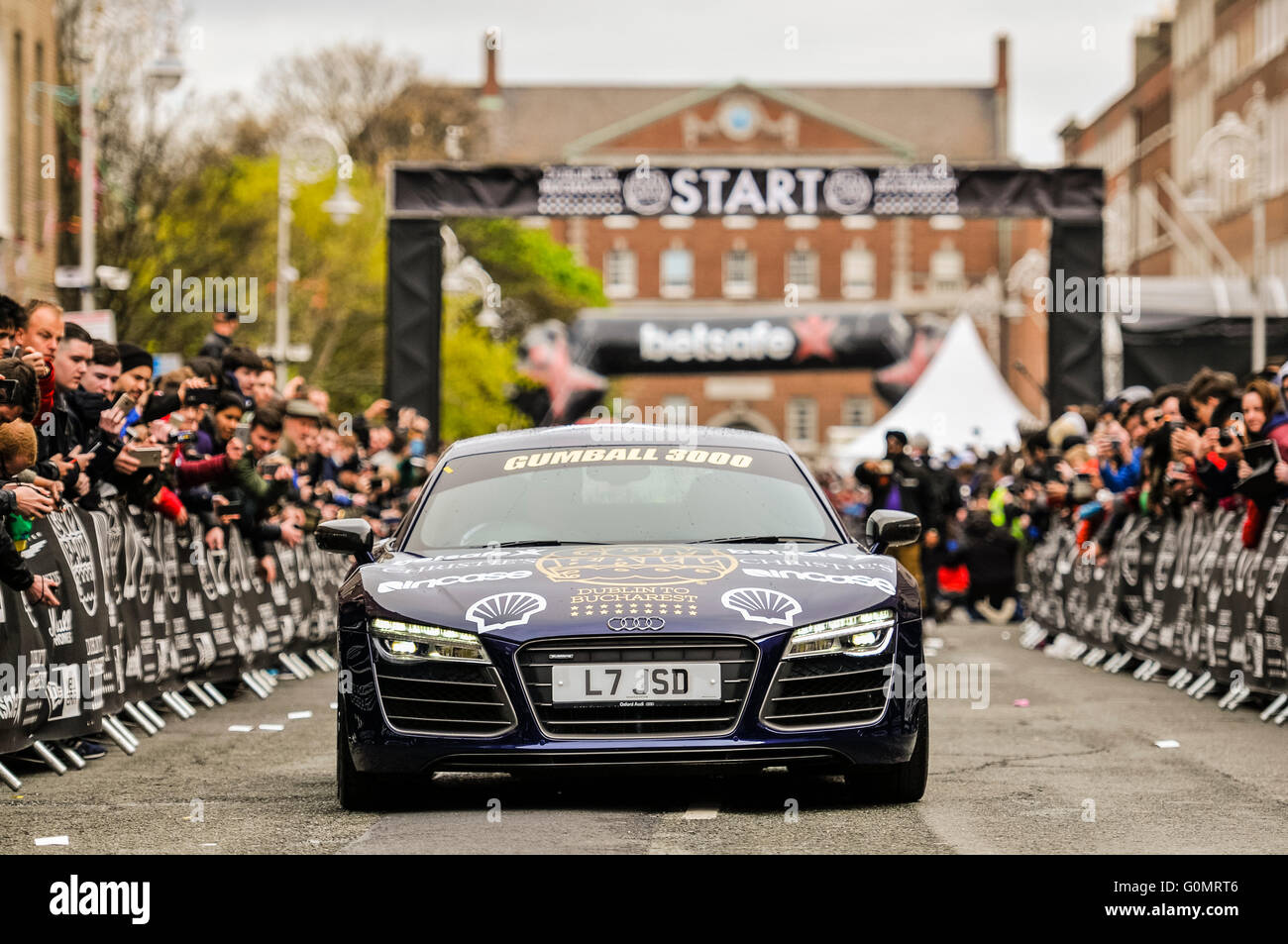 DUBLIN, IRELAND. MAY 01 2016 - An Audi R8 Quattro leaves at the start of the Gumball 3000 to Bucharest Stock Photo