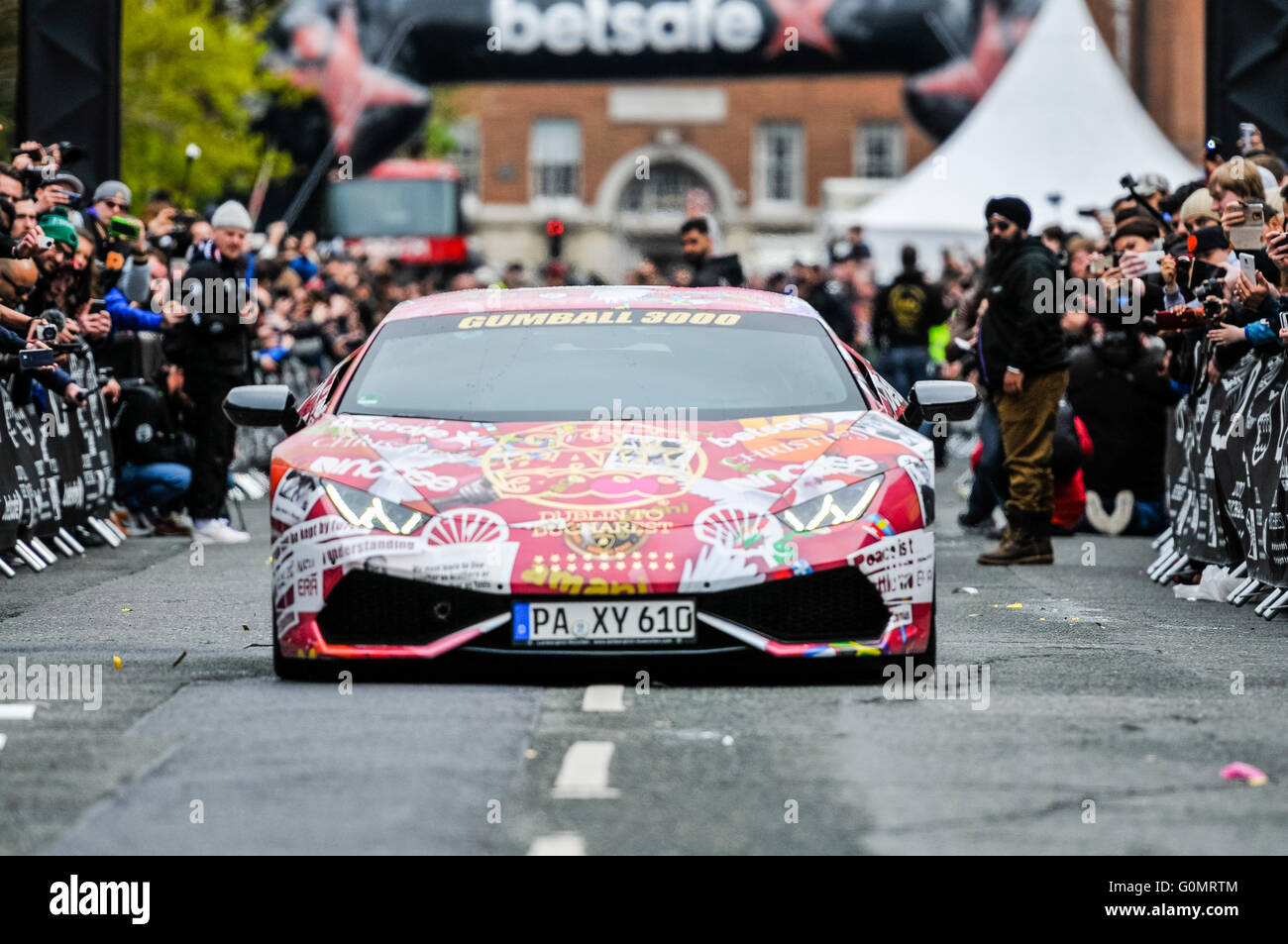 DUBLIN, IRELAND. MAY 01 2016 - A Lamborghini Aventador starts off on a 6 day drive to Bucharest from Dublin as part of the Gumball 3000 rally. Stock Photo