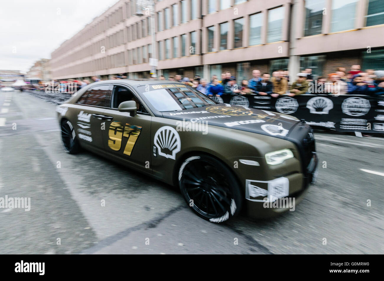 DUBLIN, IRELAND. MAY 01 2016 - A Rolls Royce starts off on a 6 day drive to Bucharest from Dublin as part of the Gumball 3000 rally. Stock Photo