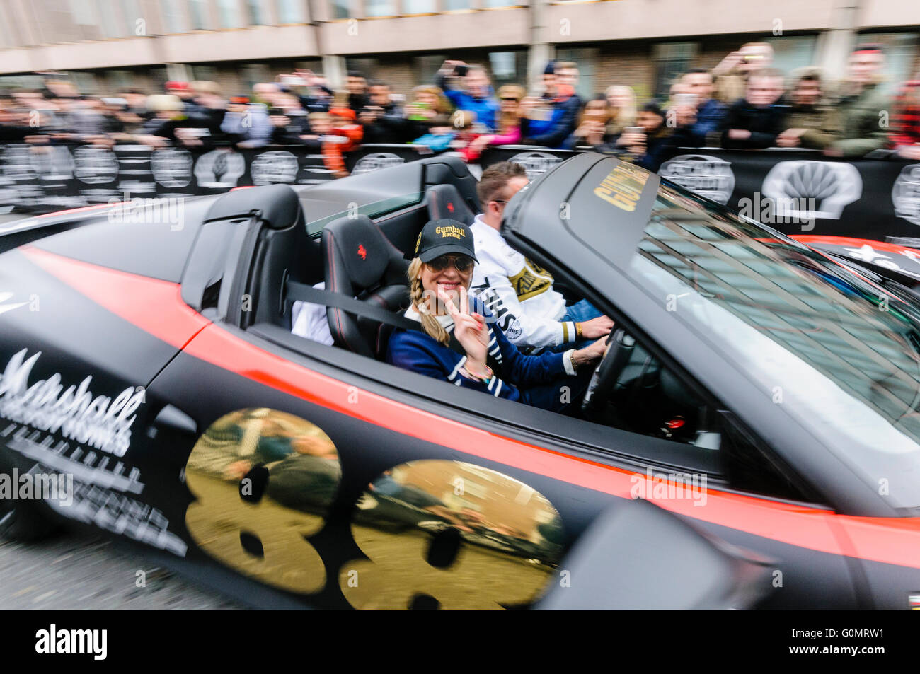DUBLIN, IRELAND. MAY 01 2016 - A Lamborghini Aventador starts off on a 6 day drive to Bucharest from Dublin as part of the Gumball 3000 rally. Stock Photo