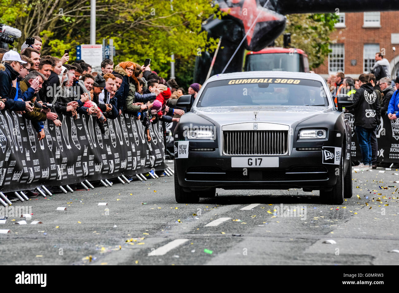 DUBLIN, IRELAND. MAY 01 2016 - A Rolls Royce starts off on a 6 day drive to  Bucharest from Dublin as part of the Gumball 3000 rally Stock Photo - Alamy