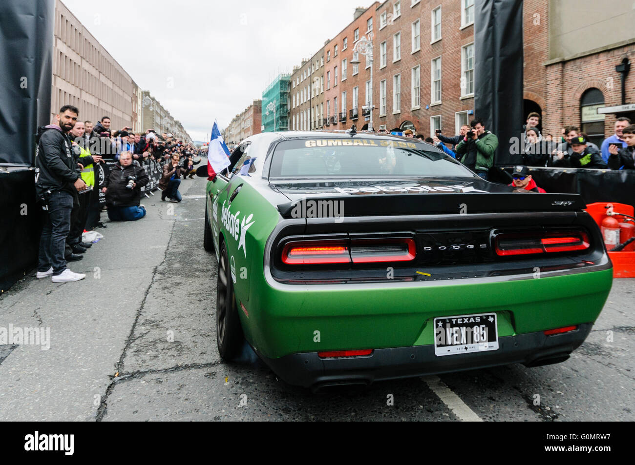 DUBLIN, IRELAND. MAY 01 2016 - A Dodge Charger starts the 6 day drive to Bucharest from Dublin as it competes in the Gumball 3000 rally. Stock Photo