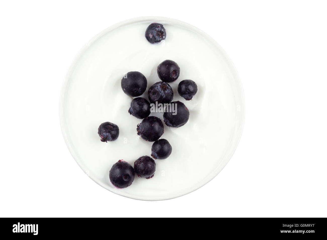 Saskatoon berries sprinkled in bowl of Greek yogurt on white background. Also known as Juneberries. Stock Photo