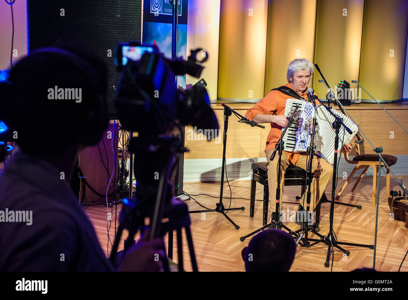 Jacek Hałas performing live on air in the Polish Radio studio in Warsaw. Warszawa. Stock Photo