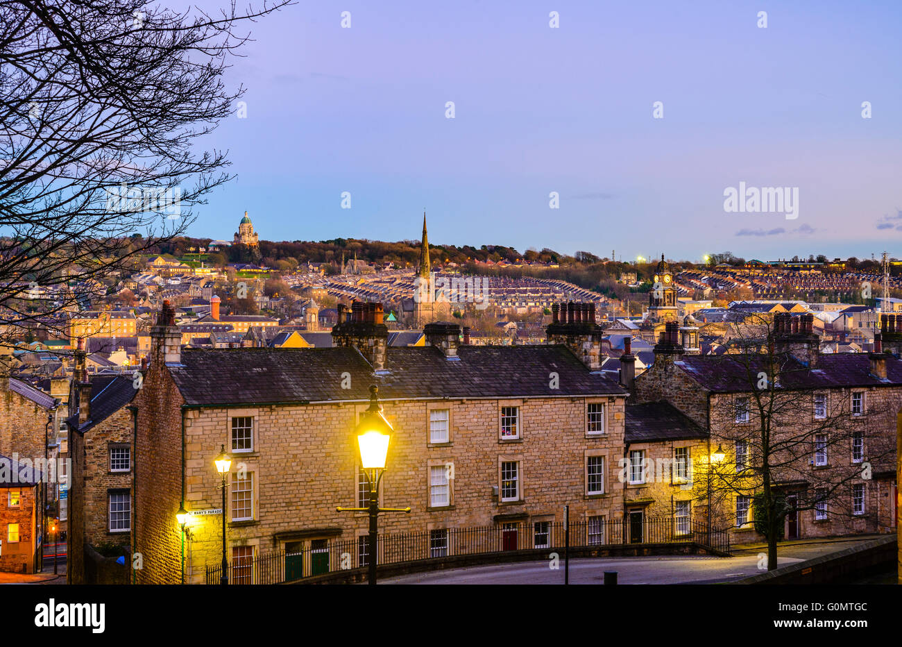 Evening view over Lancaster England from Castle Hill with the Ashton Memorial on the skyline Stock Photo