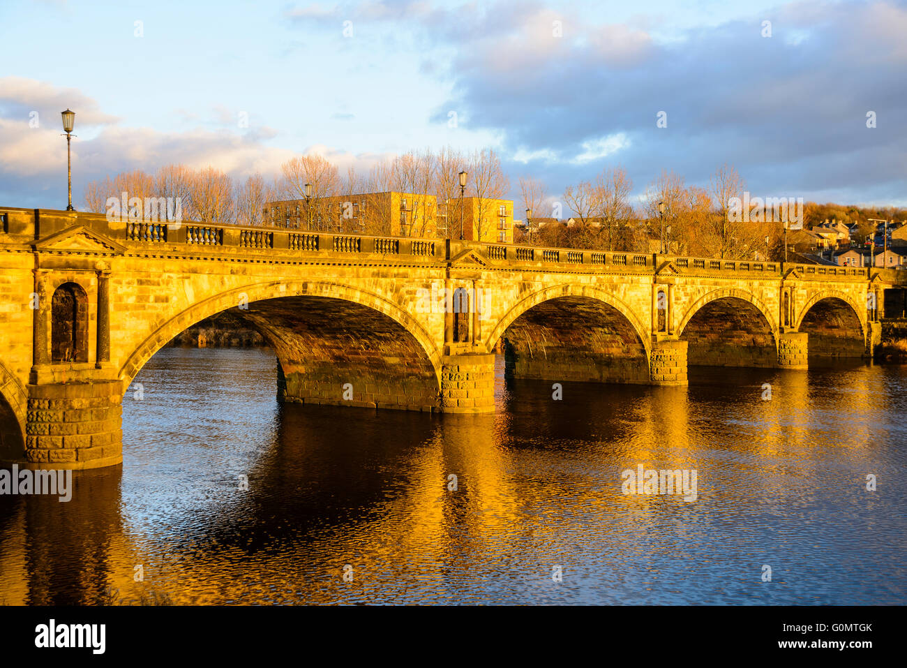 Evening light on Skerton Bridge and River Lune Lancaster, Lancashire, England Stock Photo