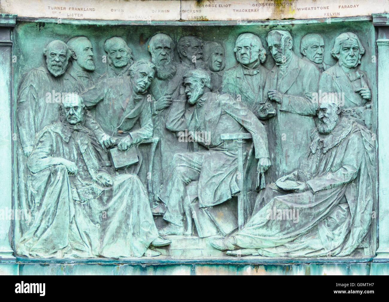 Eminent Victorians depicted in bas-relief around the base of the Victoria Monument in Dalton Square Lancaster Stock Photo