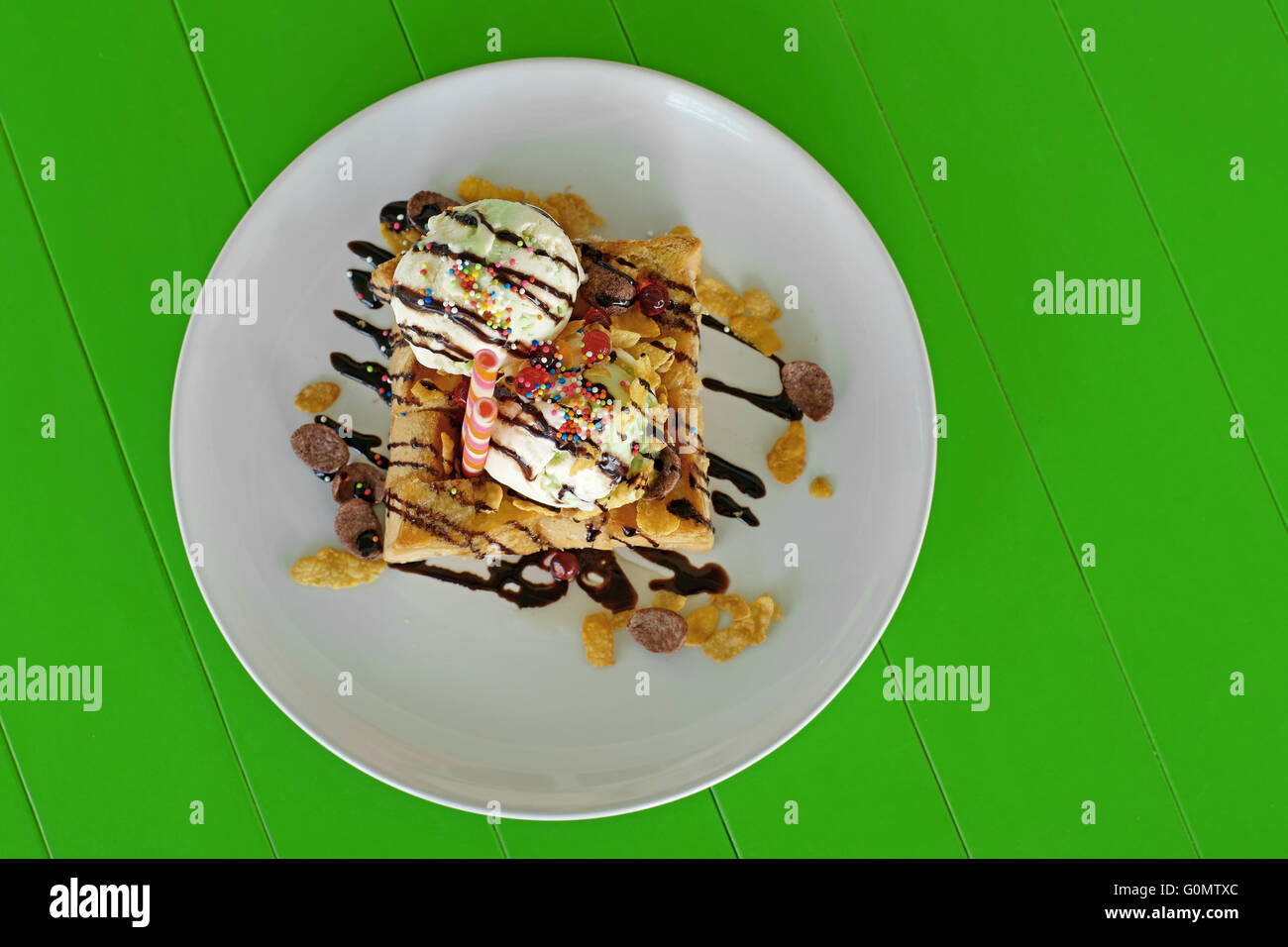 honey toast with vanilla ice cream and icing glaze Stock Photo