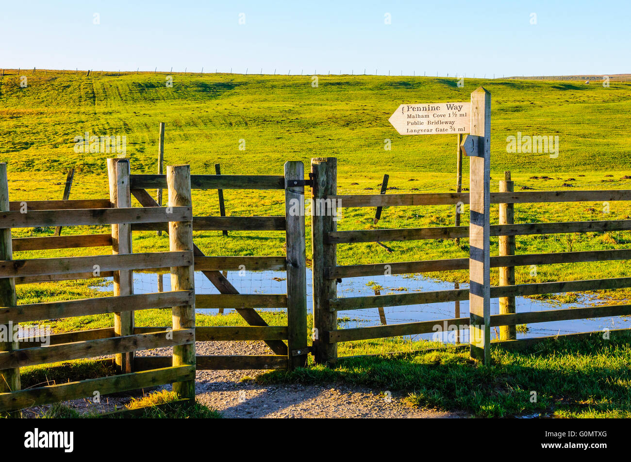 Gate and sign near Malham Tarn on the Pennine Way in the Yorkshire Dales National Park England Stock Photo