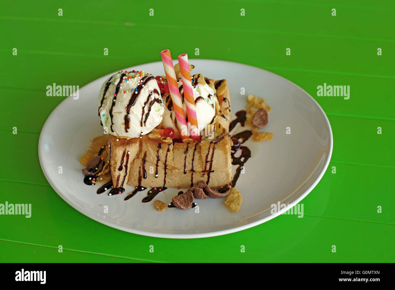 honey toast with vanilla ice cream and icing glaze Stock Photo