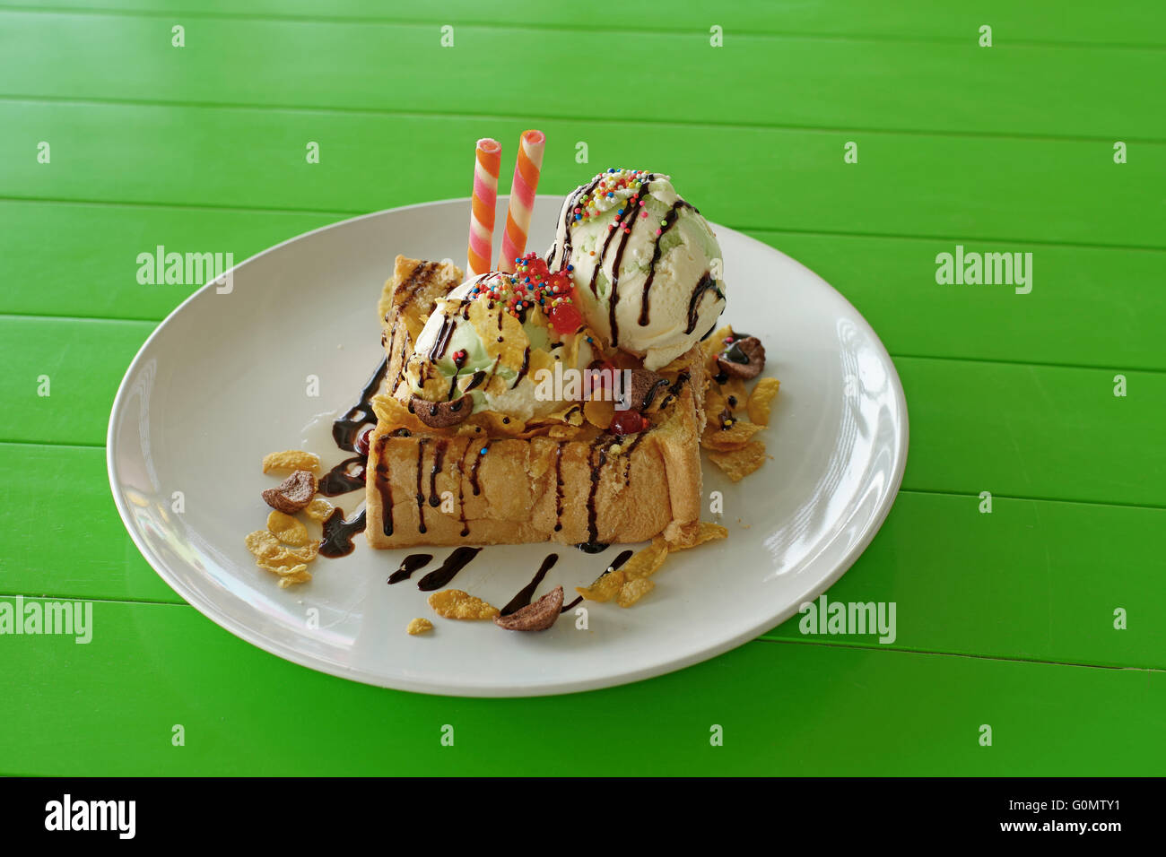 honey toast with vanilla ice cream and icing glaze Stock Photo