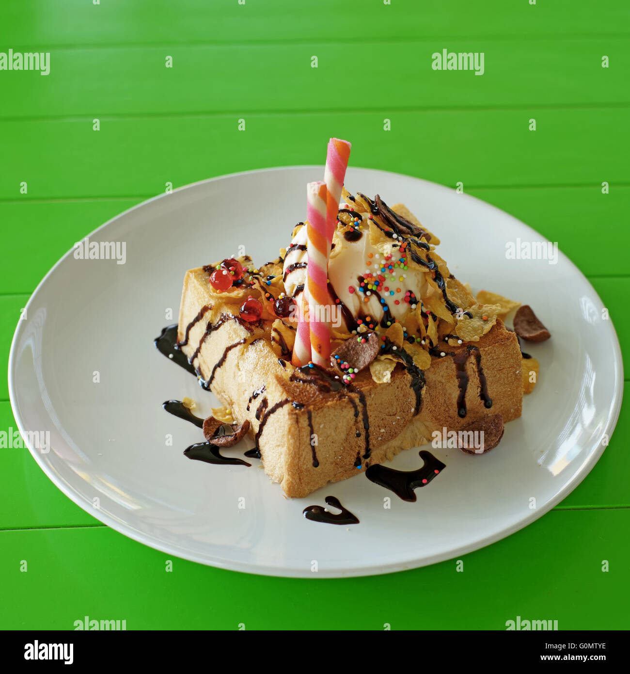 honey toast with vanilla ice cream and icing glaze Stock Photo