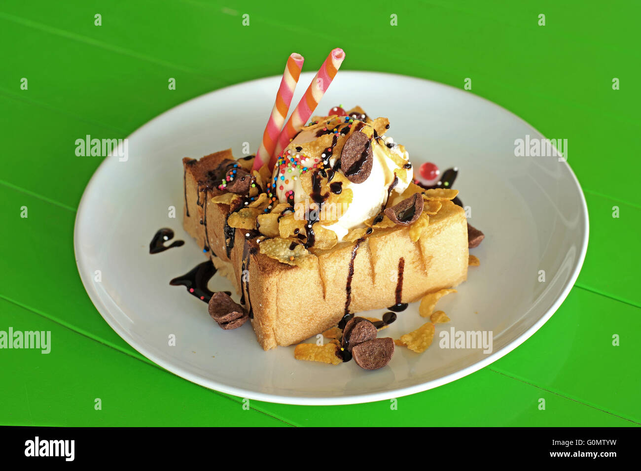 honey toast with vanilla ice cream and icing glaze Stock Photo