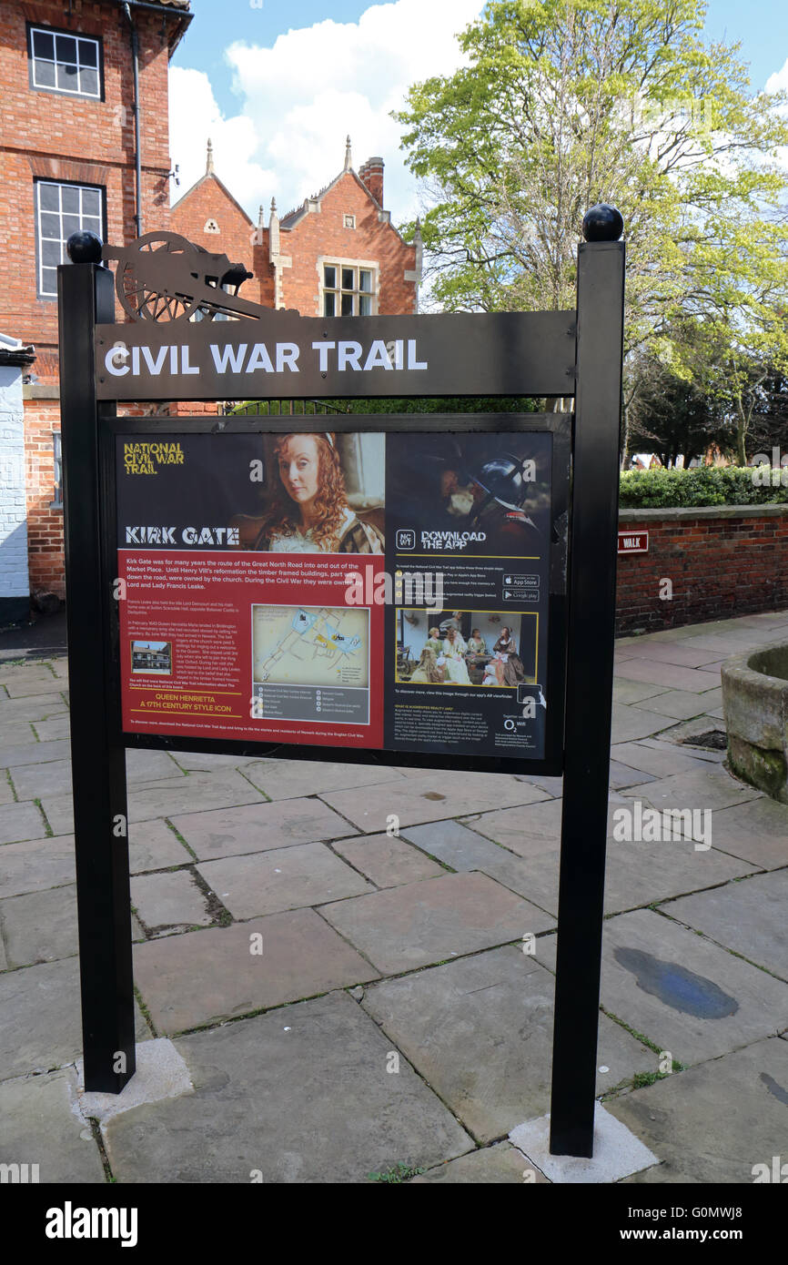 Sign board advertising the civil war trail a walk around newark on trent with places of interest linked to the English civil war Stock Photo