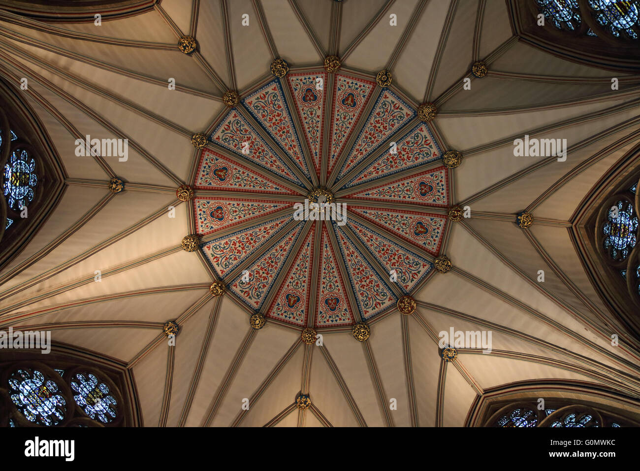 the vaulted ceiling to the chapter house at York minster showing the intricate detail and craftsmanship Stock Photo