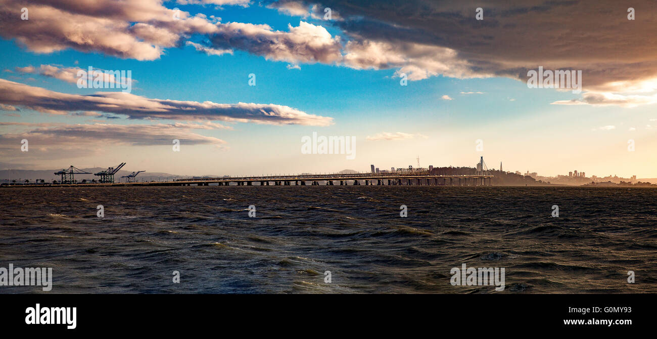 A Panoramic photo capturing The Port of Oakland, Treasure Island and The San Francisco Skyline Stock Photo