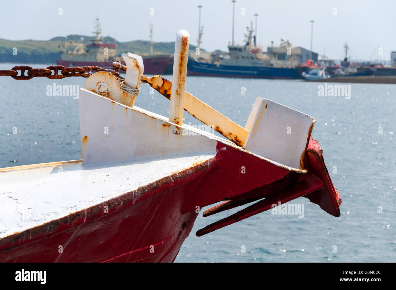 Anchor on bow of fishing vessel in Killybegs port, County Donegal, Ireland Stock Photo