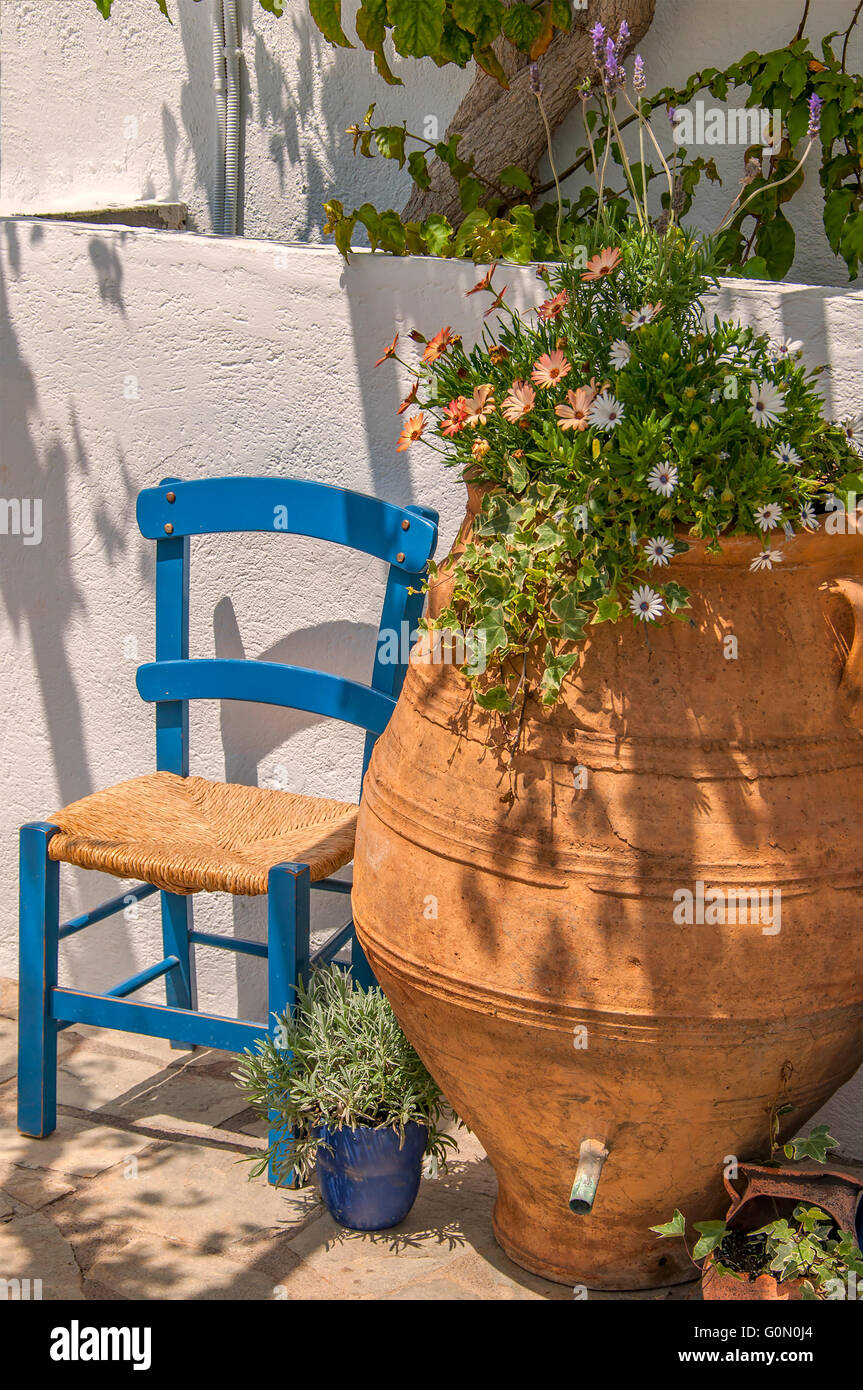Image of a traditional greek porch, in sunny Makrigialos, Crete. Stock Photo