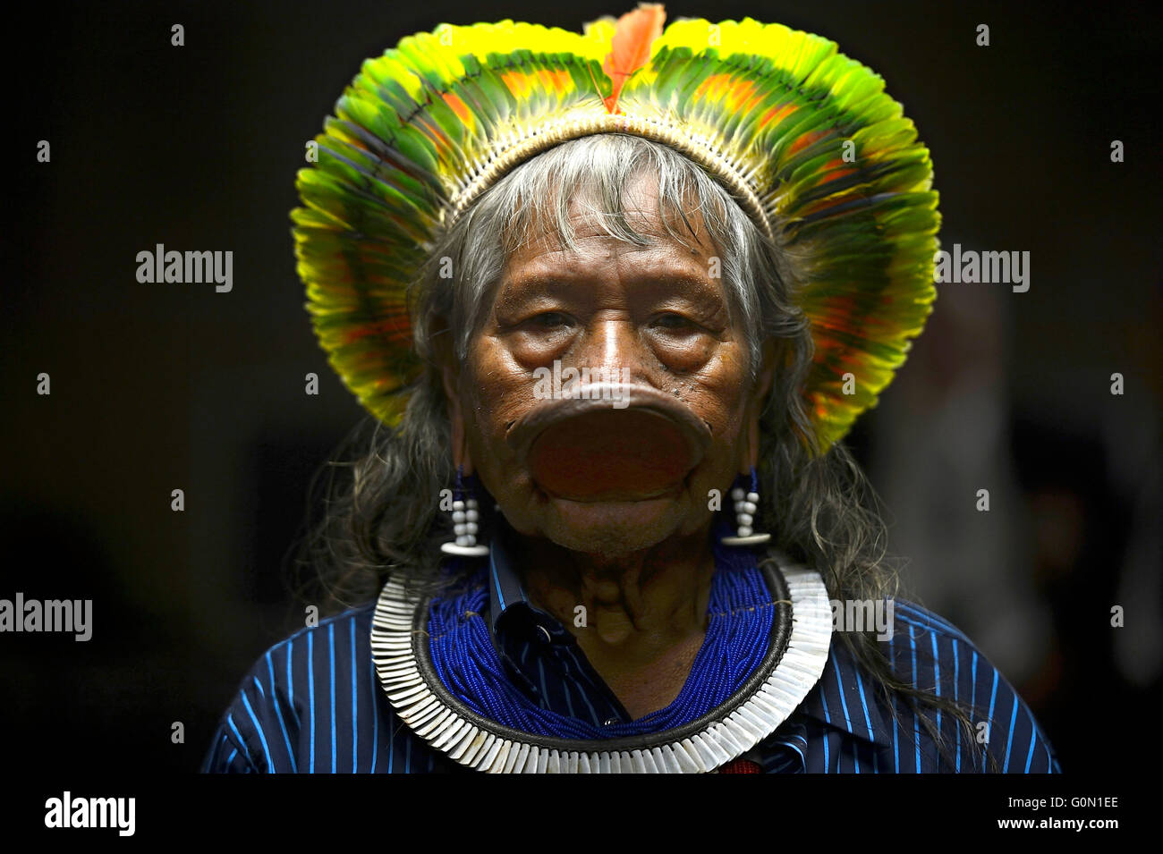 Brazilian indigenous chief Raoni Metuktire of the Kayapo ethnic group during the 1st World Congress on Environmental Law April 29, 2016 in Rio de Janerio, Brazil. Stock Photo