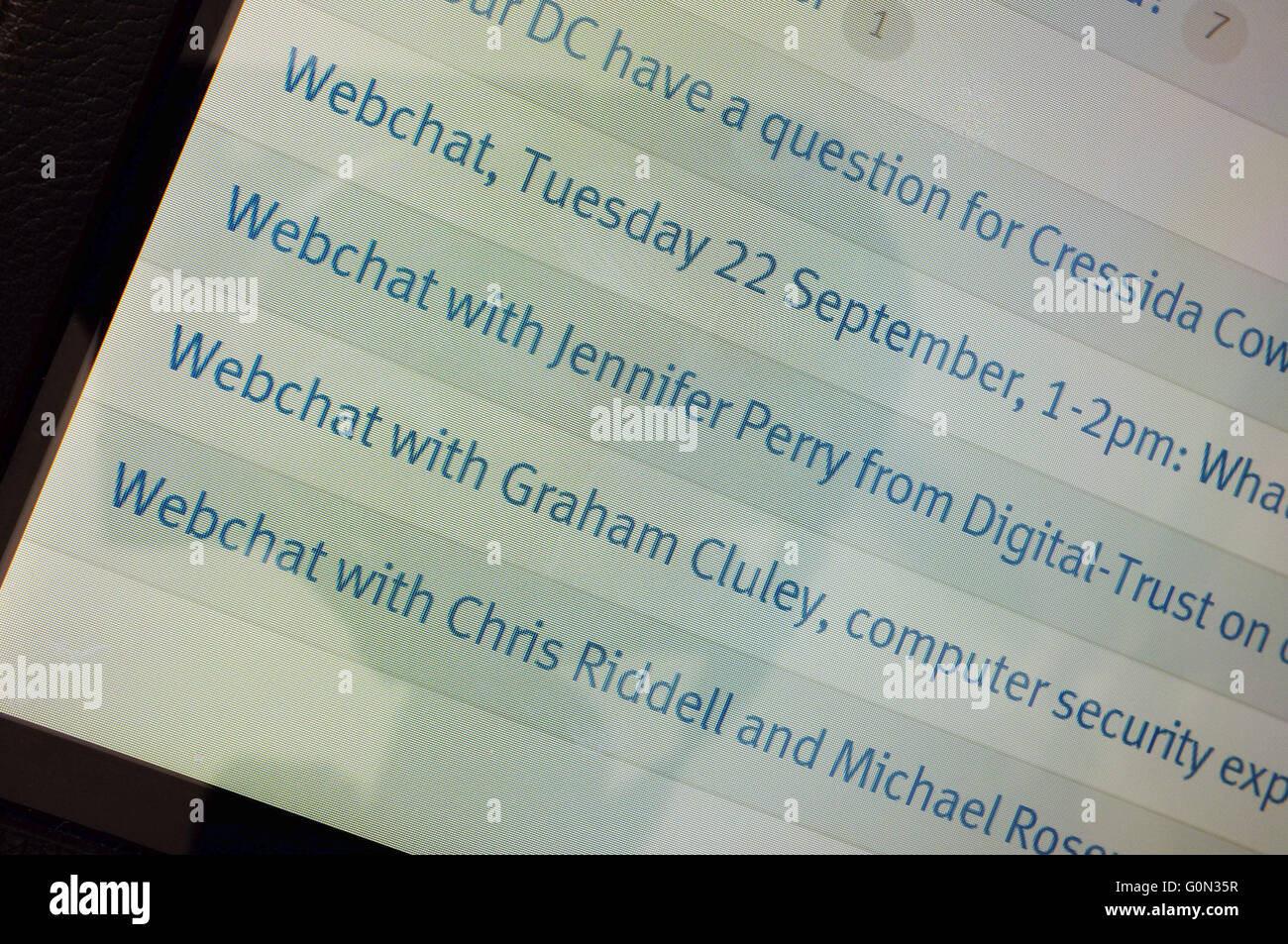 Mumsnet webchats displayed on the screen of a tablet. Stock Photo