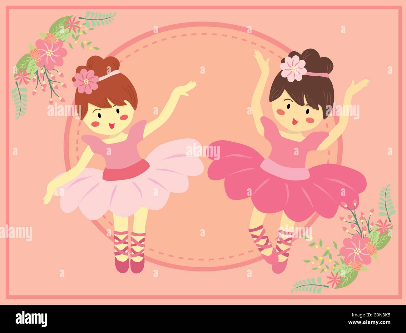 Two cute ballerina girls with pink dress tutu dancing ballet in pink theme background. Stock Vector