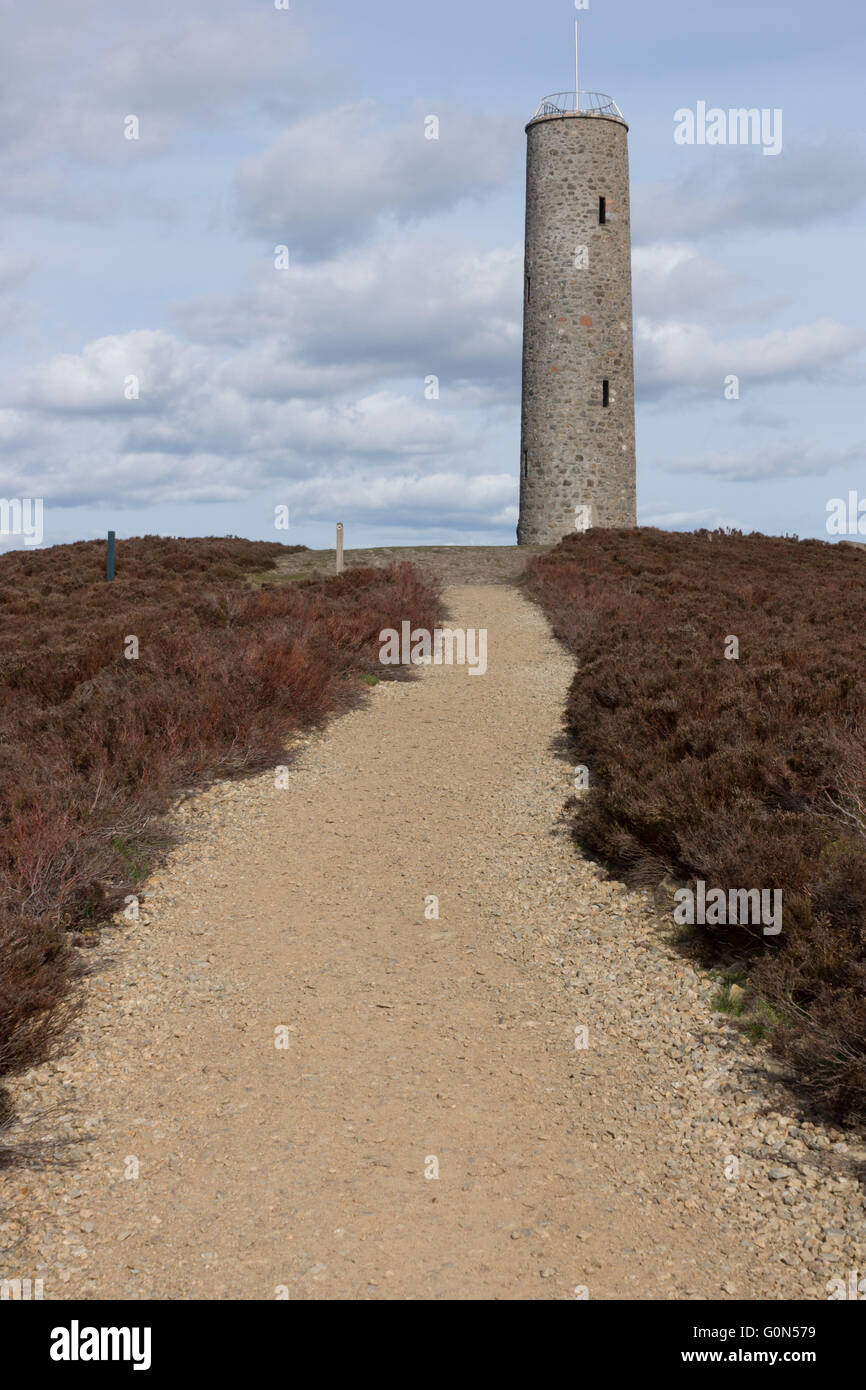 The tower and the path up Scotly Hill, near Banchory, in Aberdeenshire, Scotland Stock Photo