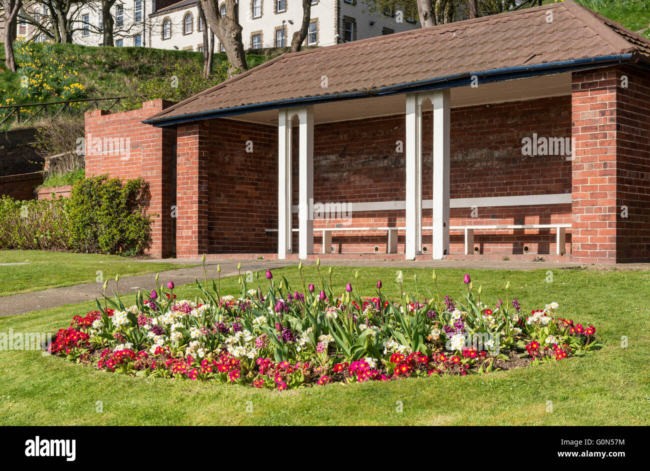 A colourful flowerbed in the gardens on Filey seafront, East Yorkshire Stock Photo