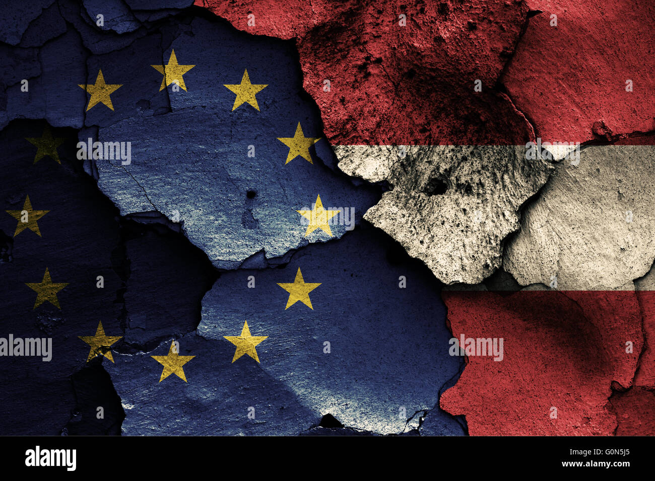 flags of EU and Austria painted on cracked wall Stock Photo - Alamy