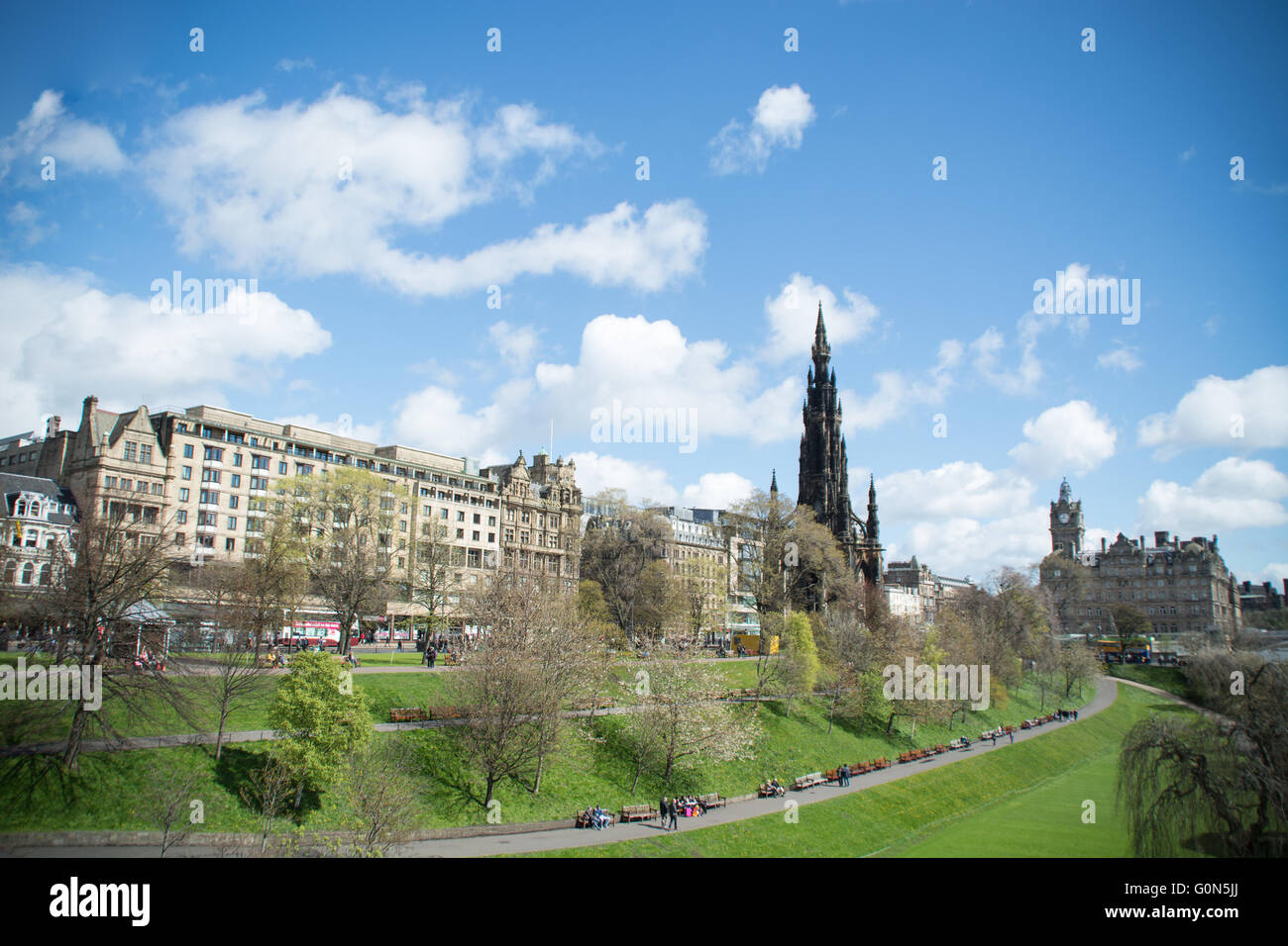 A view on Princes Street architecture in Edinburgh from the gardens on a lovely sunny day Stock Photo