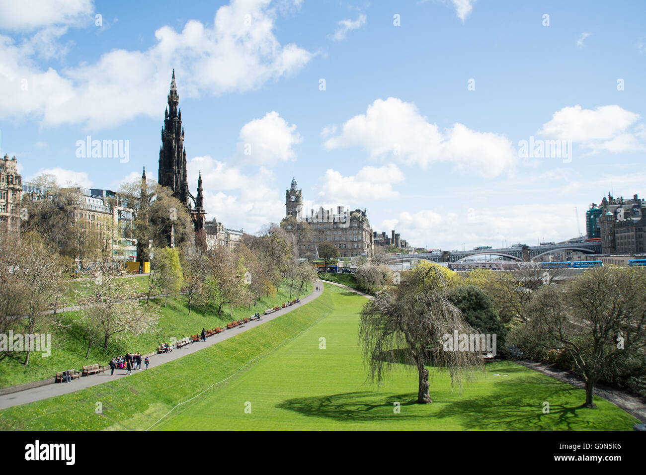 A view on Princes Street gardens with Edinburgh skyline in the background on a sunny spring day Stock Photo
